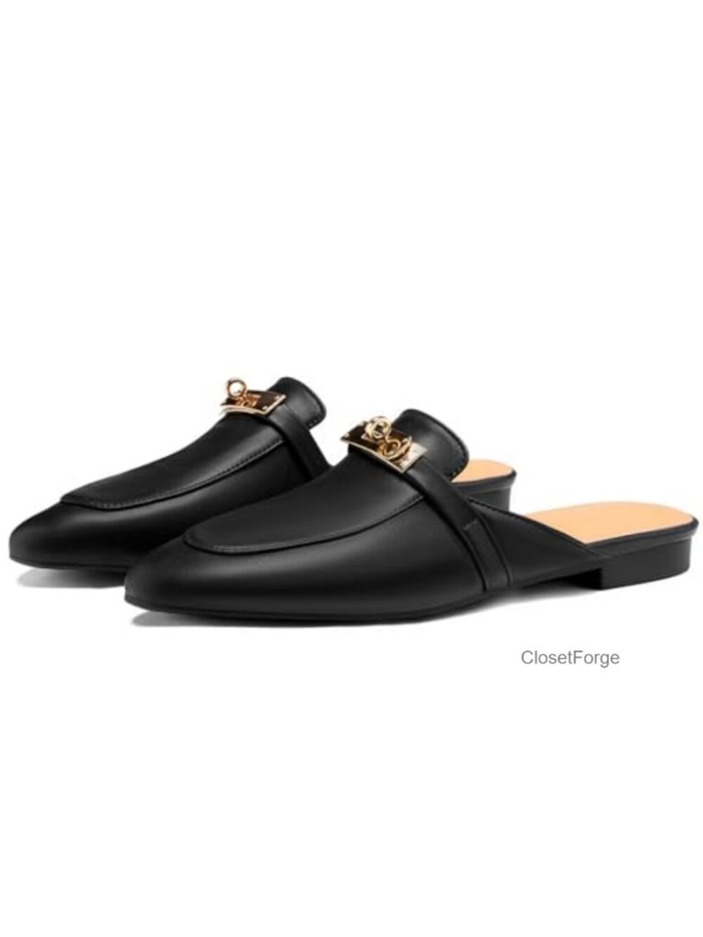 Women Mules Almond Toe Slip-On Backless Loafers Gold Buckle